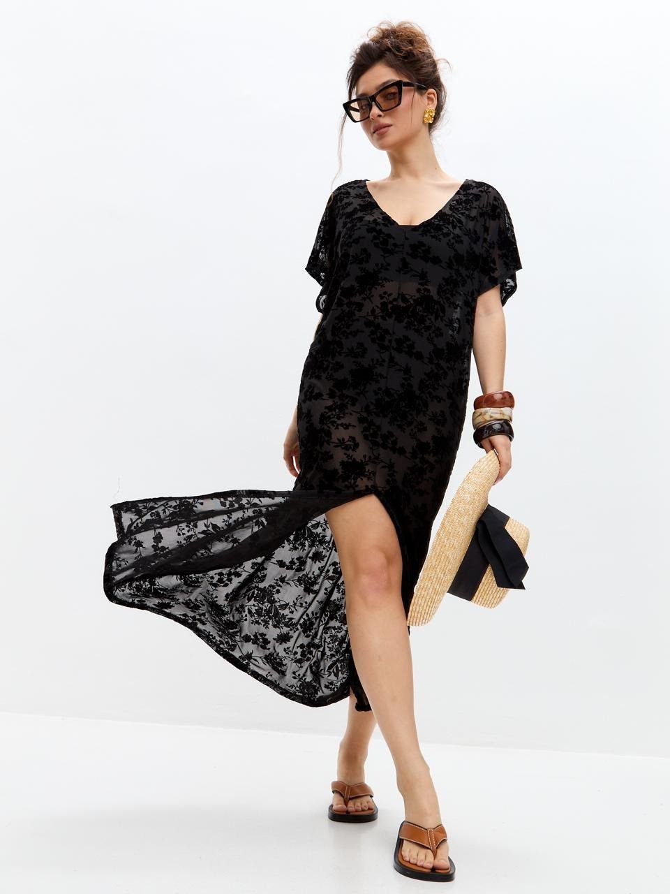 AURA Women’s Beach Dress Lightweight Summer Kaftan Cover Up, Free Size, Black Floral Mesh ??? Perfect for Beach, Resort & Poolside