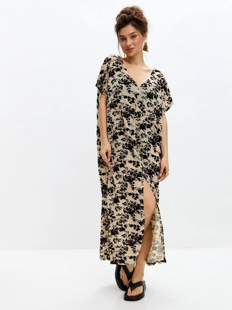 AURA Women’s Beige Velvet Floral Mesh Kaftan Dress  Sheer Beach Cover-Up, Resort Layering Midi Dress, Summer Vacation Outfit