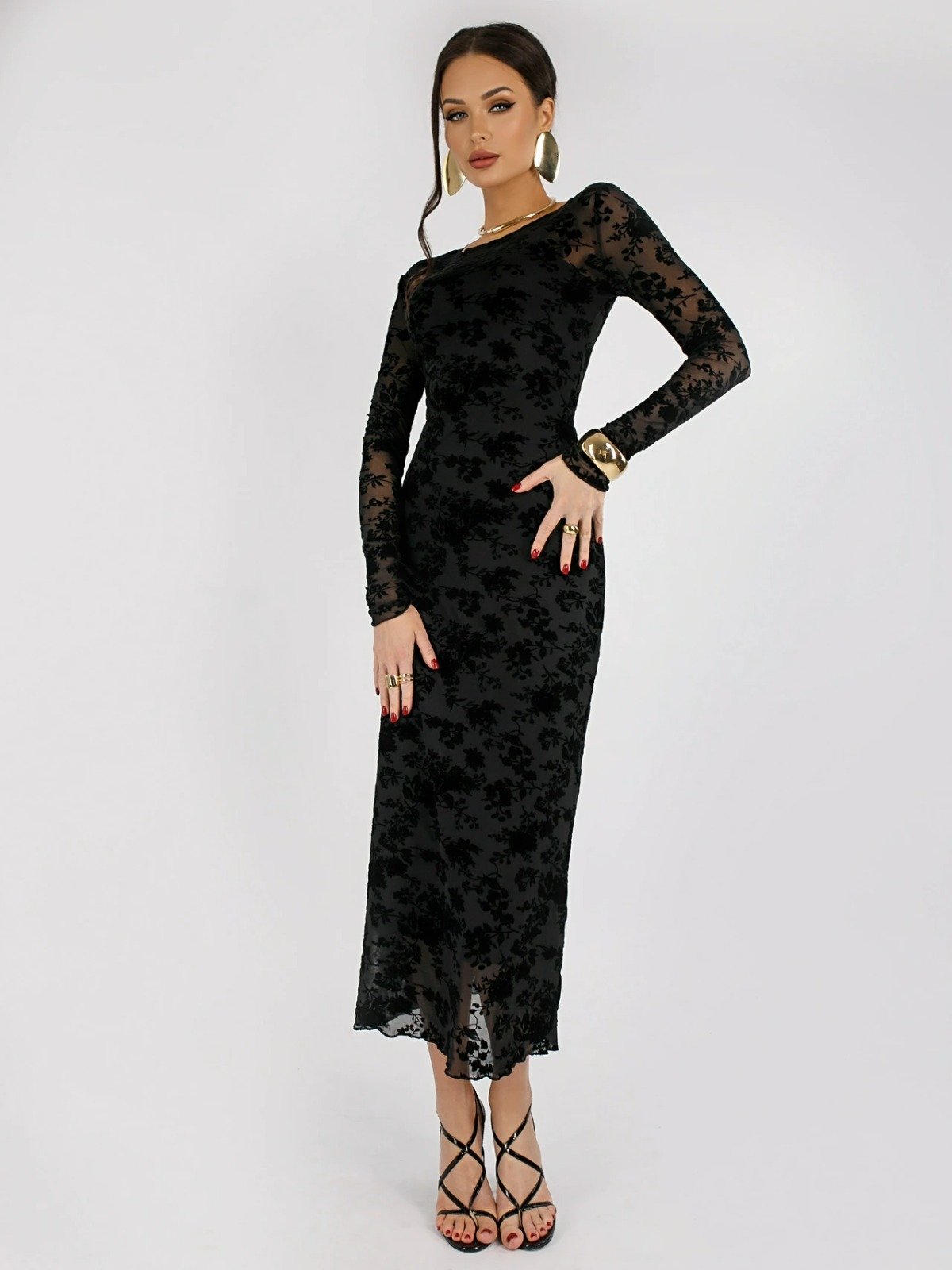 Aura Women Velvet Floral Mesh Dress  Slim Fit Sheer Tulle with Lining, Elegant Evening Midi Dress with Side Slit ??? Ethereal Elegance Collection
