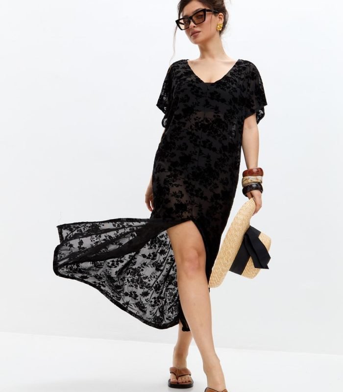 AURA Women’s Beach Dress Lightweight Summer Kaftan Cover Up, Free Size, Black Floral Mesh ??? Perfect for Beach, Resort & Poolside