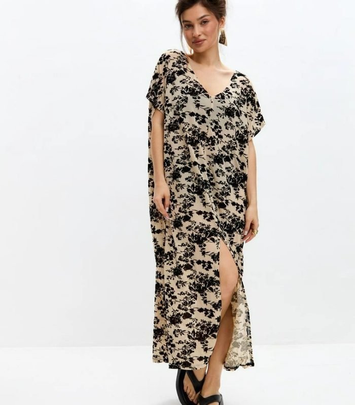 AURA Women’s Beige Velvet Floral Mesh Kaftan Dress  Sheer Beach Cover-Up, Resort Layering Midi Dress, Summer Vacation Outfit
