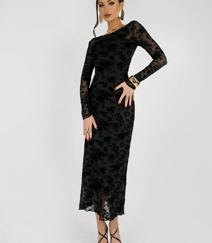 Aura Women’s Velvet Floral Mesh Dress Slim Fit Sheer Tulle with Lining, Elegant Evening Midi Dress with Side Slit ??? Ethereal Elegance Collection